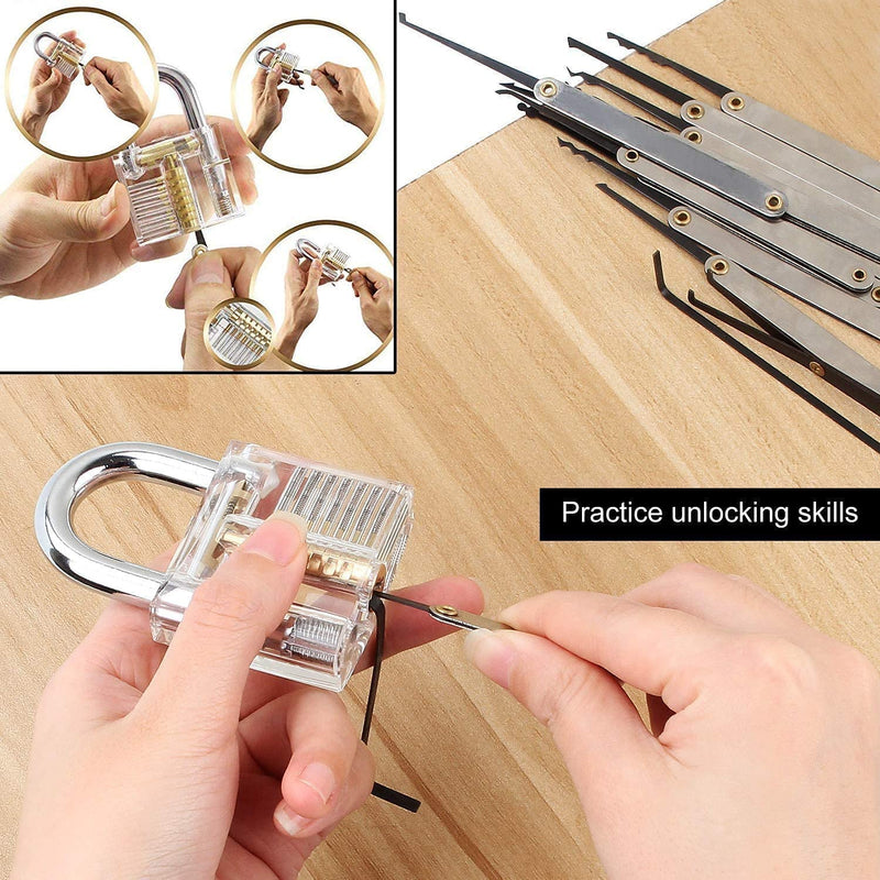 Lock Picking Kit with Practice Lock - Stainless Steel Multitool Practice Tool Lock Set with Padlock 15Pieces