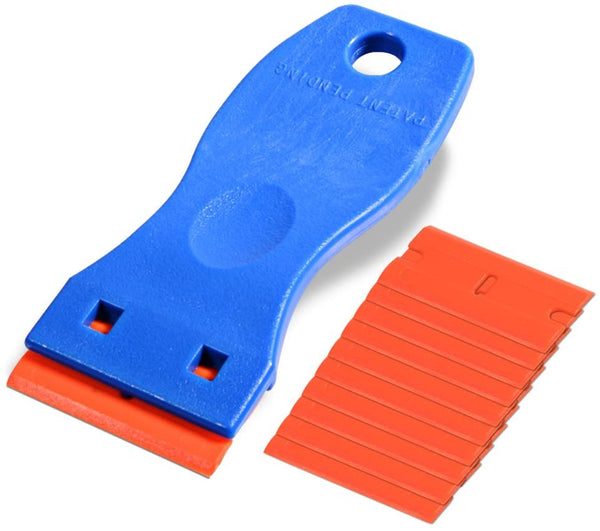 1.5" Plastic Razor Scraper with 10Pcs Double Edged Plastic Blades for Removing Labels Stickers Decals on Glass Windows (Blue)