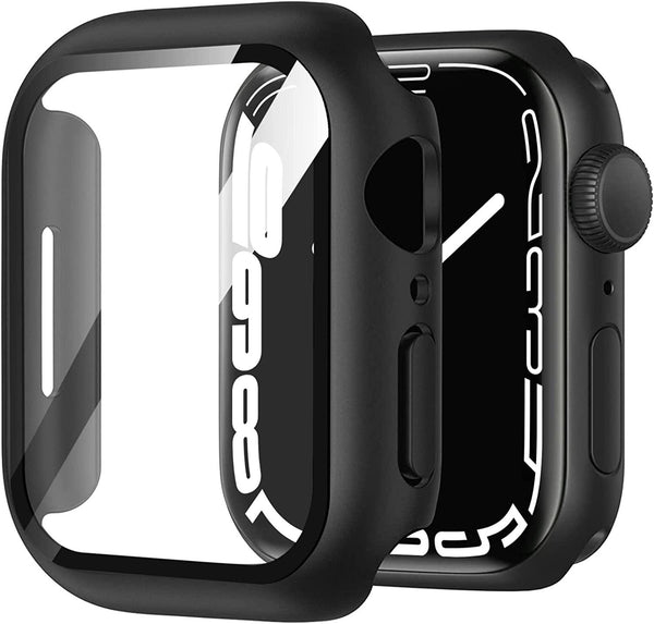 1 Pack Hard PC Case with Built-in Tempered Glass Screen Protector for Apple Watch Series 8 45mm/ Series 7 45mm, MH MOIHSING Full Coverage Screen Protector All-Around Surround Overall Case Cover, Black