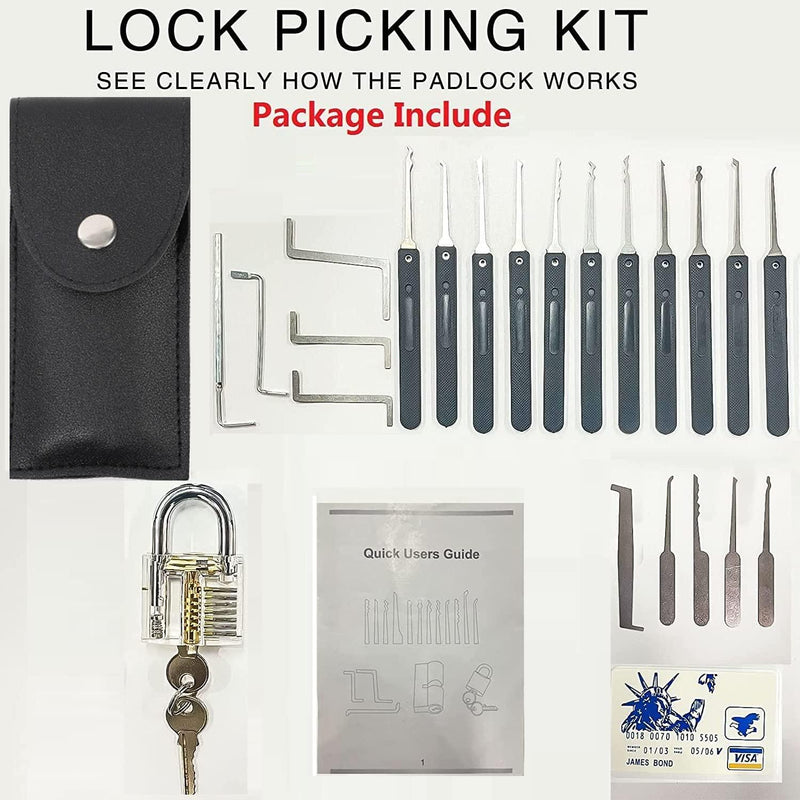 27 Pcs Lock Picking Kit with Transparent Practice Lock Tool - Professional Stainless Steel Multitool Practice Tool Lock Set Handbag for Beginners and Locksmiths
