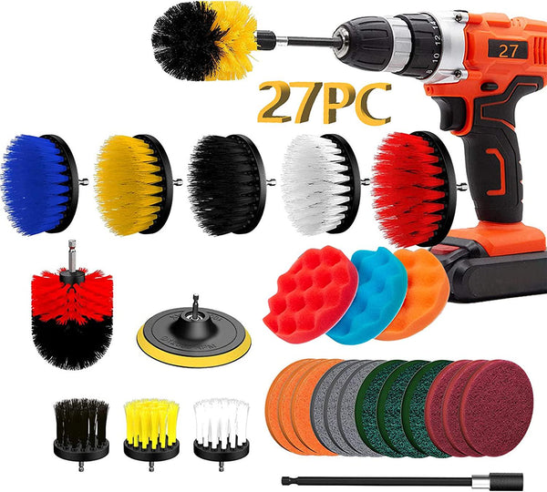 27 Piece Drill Brush Attachment Set, Power Scrubber Drill Brush Kit, Scrub Drill Brush Set with Extend Long Attachment, Scrubbing Pads Cleaning Kit for Tile Sealants, Bathtub, Sinks, Floor, Wheels