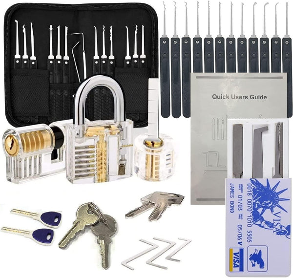 33 Pcs Lock Picking Kit with Transparent Practice Lock Tool - Professional Stainless Steel Multitool Practice Tool Lock Set Handbag for Beginners and Locksmiths