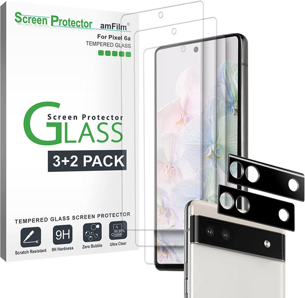 (3+2 Pack) amFilm 3pack Tempered Glass Screen Protector for Google Pixel 6A -5G(2022), with 2 Pack Camera Lens Protector, 0.33mm Thickness, HD Clear, Anti-Scratch Bubbles-Free