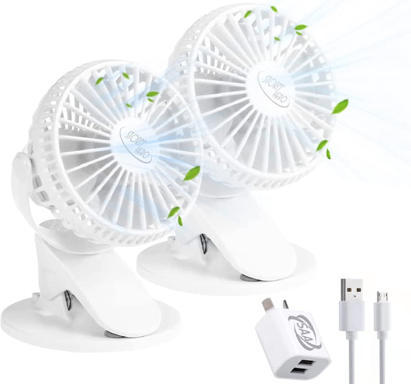 STORMHERO USB Desk Fan, Powerful Mini Portable Clip Fan(2-Pack) 720° Rotatable Design Fan with 3 Speeds Wind (White)