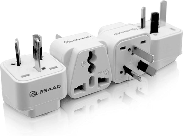 (Pack of 4) Travel Adapter with Universal Safety Grounded 3-Pin Power Plug Inputs, for International Use (UK / US to AU)