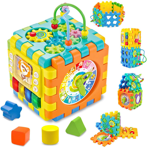 AKILION Baby Activity Cube Toys with Lights and Music, 6 in 1 Electronic Shape Sorter Toys, Bead Maze, Early Development Educational Learning Toys for Boys Girls, Kids Toddler Infant First Birthday Gift