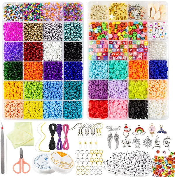 AKILION Beads for Jewellery Making Kit Includes 5500 Pcs Glass Seed Beads 2400 Pcs Flat Clay Beads 820 Pcs Alphabet Beads Pearl Beads Pendant Jewelry Wire, DIY Beading Kit, Necklace Bracelet Earring Making Kit, Arts and Drafts Supplies for Kids, Gift