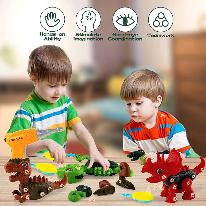 AKILION Take Apart 3 Pack Dinosaur Toys Set, Educational Dinosaur Toy with Electric Drill Tool, STEM Construction Building Kids Toys, Learning and Education Toys for 3 4 5 6 7 Year Old Boys Girls, Birthday Christmas Gifts for Kids