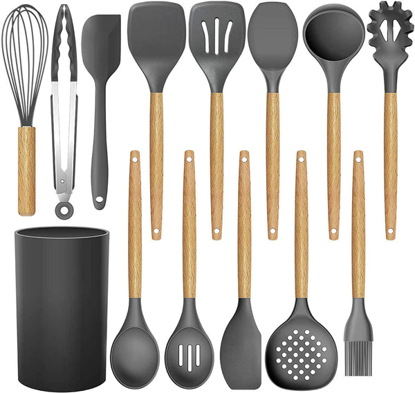 BRITOR 14 Pcs Silicone Cooking Kitchen Utensils Set with Holder,Woodle Handle BPA Free Non Toxic Non-Stick Heat Resistant Silicone Kitchen Gadgets Utensil Set