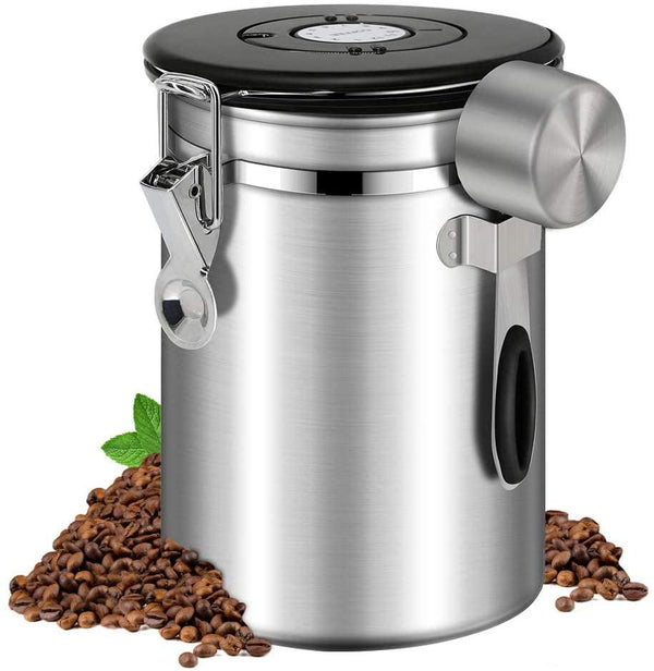 BRITOR Airtight Stainless Steel Coffee Canister Large with Built-in CO2 Gas Vent Valve and Date Tracking Wheel, with Scoop,2 Spare Filter Replacements