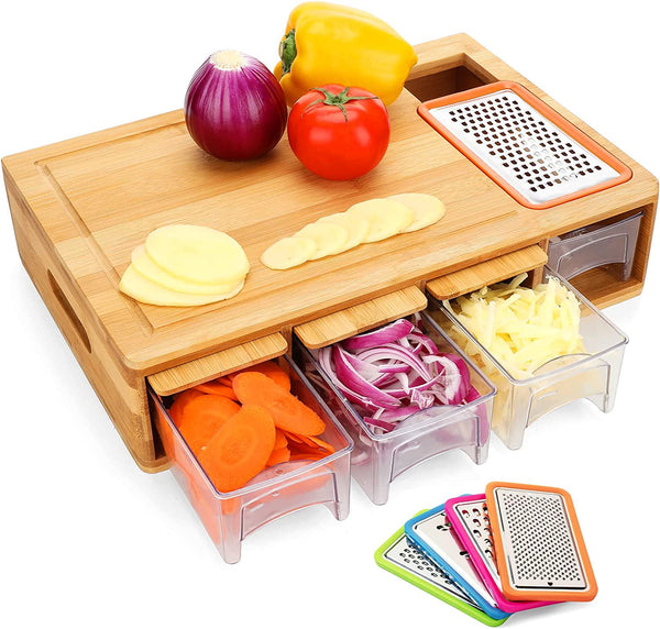 BRITOR Bamboo Cutting Board with 4 Containers, Large Chopping Board with Juice Grooves, Easy-Grip Handles and Food Sliding Opening, Carving Board with Trays for Food Storage, Transport and Cleanup