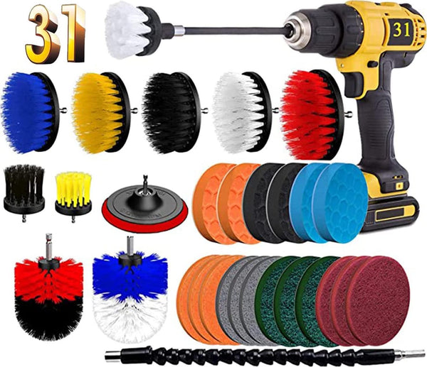 BRITOR Drill Brush Scrub Pads 31 Piece Power Scrubber Cleaning Kit, Scrub Pads and Sponge, Power Scrubber Brush with Extend Long Attachment-All Purpose Clean for Grout, Tiles, Sinks, Bathroom, Kitchen