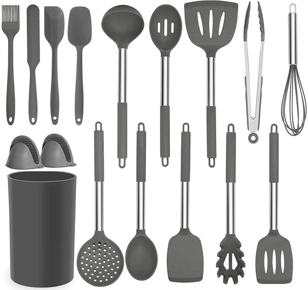 BRITOR Kitchen Utensil Set,16 Pcs Cooking Utensil Set Full Silicone Handle Non-Stick Heat Resistant Cooking,Cookware with Stainless Steel Handle