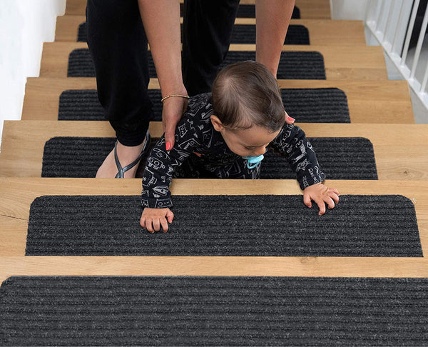 BRITOR Non Slip Carpet Stair Treads, Set of 15, Rug Non Skid Runner for Grip and Beauty. Safety Slip Resistant for Kids, Elders, and Dogs. 20cm x 75cm 7.8 x 29.2 , Brown/Gray, Pre Applied Adhesive