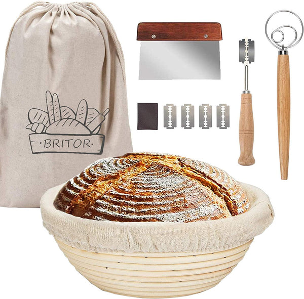 BRITOR Proofing Basket, 9 Inch Bread Proofing Basket, Bread lame,Dough Scraper,Linen Liner Cloth Dough Whisk Storage Bag, Proofing Basket Kit