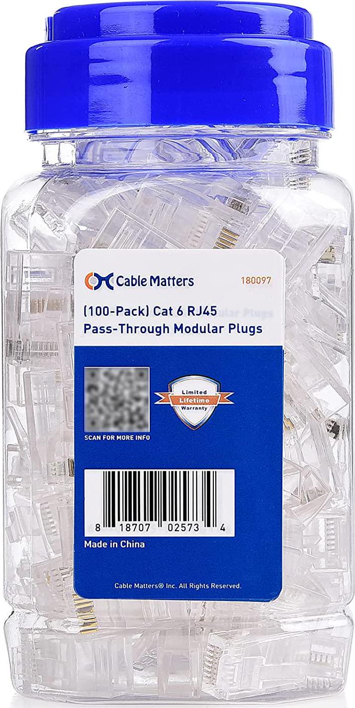Cable Matters 100 Pack Cat 6 Pass Through RJ45 Modular Plugs for Solid