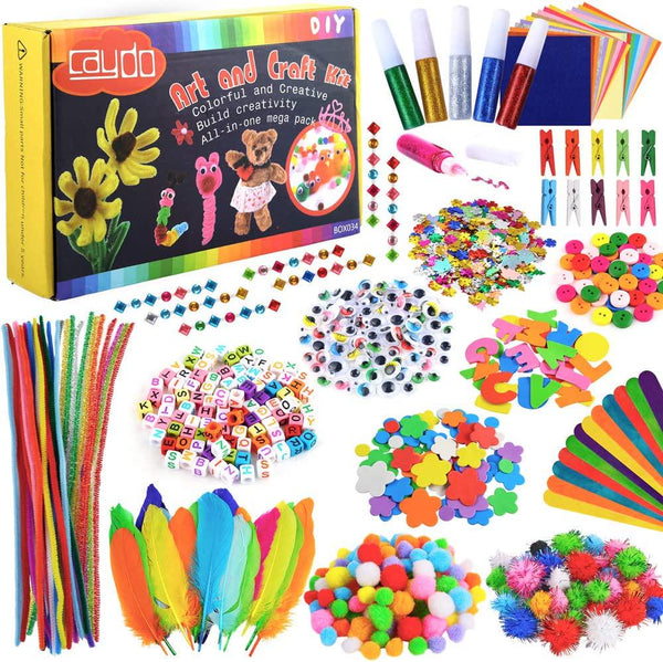 Caydo 1200 Pcs Art and Crafts Supplies for Kids, Including Abssorted Pipe Cleaners Pom Poms Feathers Wooden Popsicle Sticks Letter Beads for Toddlers Girls Aged 4-10