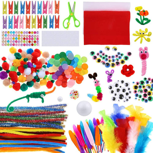Caydo Arts and Crafts for Kids, Toddler DIY Craft Projects Supplies Include Pipe Cleaners, Pom Poms, Wiggle Eyes, Feathers, Felts, Foam Balls and Wood Clips