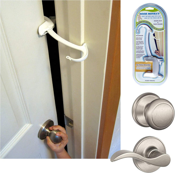 DOOR MONKEY Child Proof Door Lock and Pinch Guard - for Door Knobs and Lever Handles - Easy to Install - No Tools or Tape Required - Baby Safety Door Lock for Kids - Very Portable - Great for Dogs and Cats