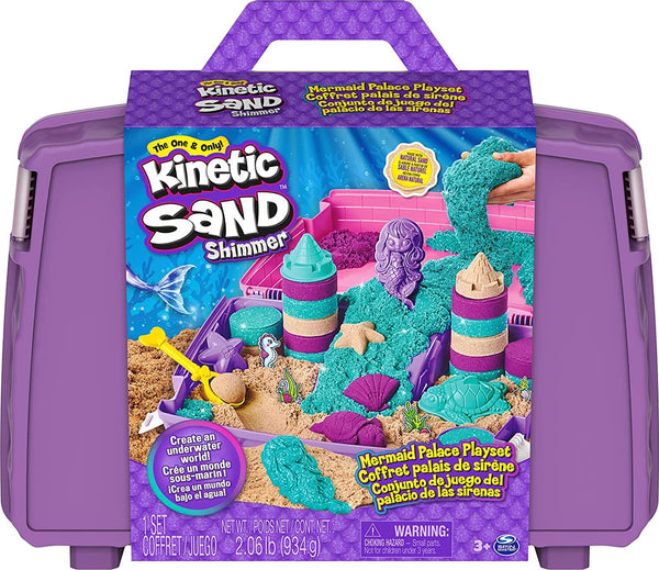 Kinetic Sand, Mermaid Palace Playset, 2.06lbs of Shimmer Play Sand (Neon Purple, Shimmer Teal, and Beach Sand), Reusable Folding Sandbox and Tools, Sensory Toys for Kids Ages 3 and up