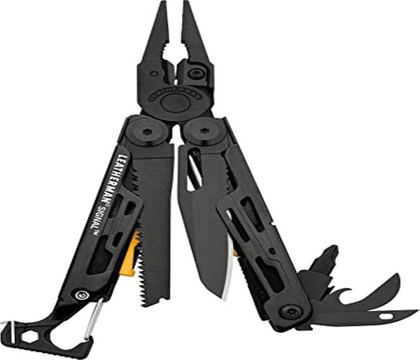 Leatherman Signal - Camping and survival multi-tool with 19 built-in tools, all-locking features, fire-starting ferro rod, hammer and safety whistle, made in USA, in black with a black nylon holster