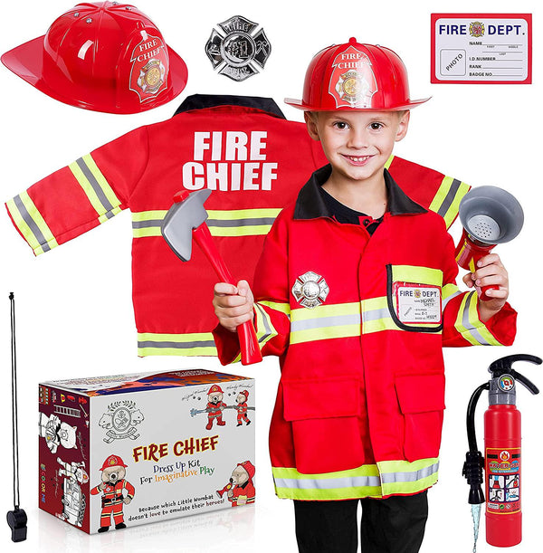 Little Wombats Firefighter Costume for Kids, (10 pcs) with Jacket, Helmet, Plastic Axe, Extinguisher, Megaphone, Ages 3 to 7 - Fire Chief Outfit with Fireman Toys - Halloween Costumes for Boys, Girls