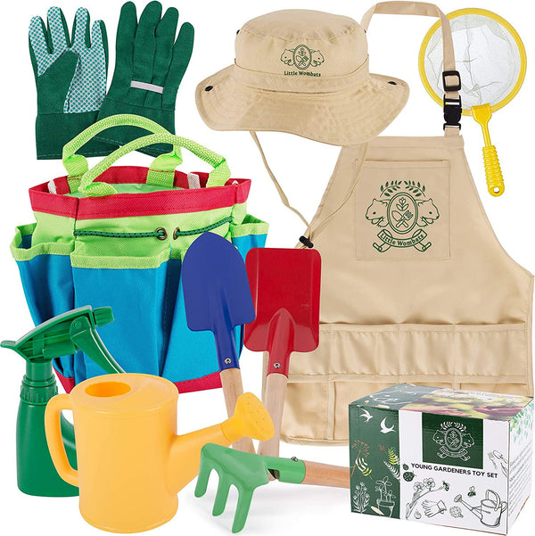 Little Wombats Kids Gardening Tools, 10 Piece Garden / Backyard Tools, Gloves, Apron, Rake, Hat, Shovel, Watering Can, Spray Bottle, Butterfly Net and Tote - Pretend Play for Boys and Girls Age 3-7
