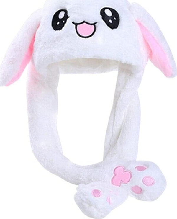MH MOIHSING Funny Bunny Hat Ear Moving Jumping Rabbit Hat, Dancing Ear Hat Cute Animal Ear Flap Hat Plush Hat Cap with Paws for Women Girls, Cosplay Christmas Party Holiday Hat (White)