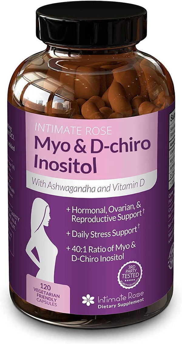 Myo-Inositol and D-Chiro Inositol Blend - 120 Capsules per Bottle, 40:1 Blend - Hormonal Balance Support, PCOS, Ovarian Function - Vitamin D and Ashwagandha for Mood and Stress Support