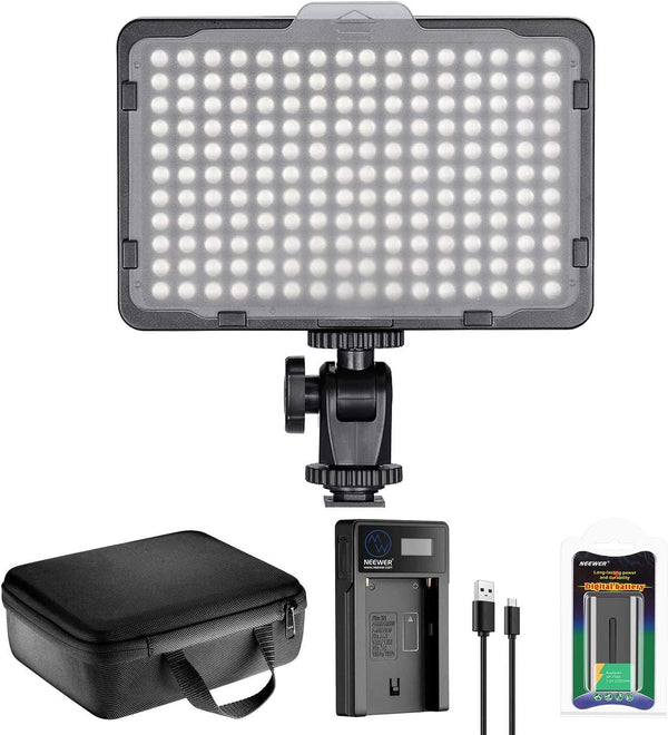 Neewer 176 LED Video Light Lighting Kit: Dimmable 176 LED Panel, with 2200mAh Li-ion Battery, USB Battery Charger and Carrying Case for Product and Portrait Photography