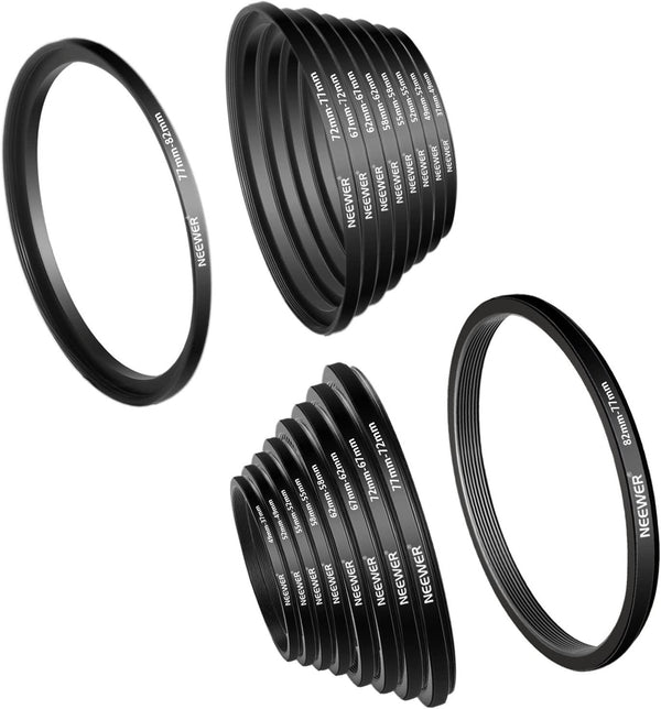 Neewer 18 Pieces Metal Camera Lens Filter Ring Adapter Kit - 9 Pieces Step Up Ring Setand 9 Pieces Step Down Ring Set for Canon Nikon Sony Olympus DSLR Camera, Black