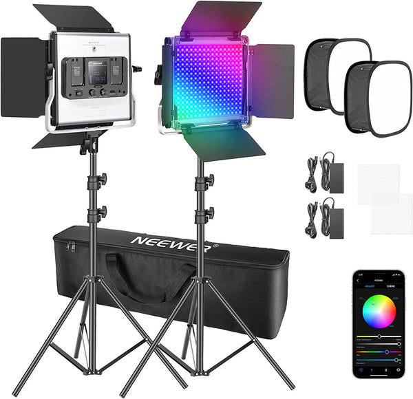 Neewer 2 Packs 480 RGB Led Light with APP Control, Photography Video Lighting Kit with Stands and Softbox, 480 SMD LEDs CRI97/3200K-5600K/Brightness 0-100%/0-360 Adjustable Colors/9 Applicable Scenes