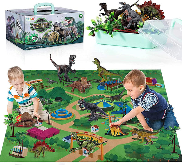 Techshining Dinosaur Toy Figure w/ Activity Play Mat and Trees, Educational Realistic Dinosaur Playset to Create a Dino World Including T-Rex, Triceratops, Velociraptor, Perfect Gifts for Kids, Boys and Girls