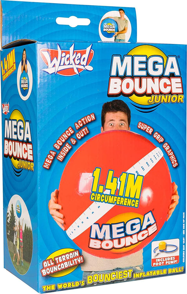 Wicked Mega Bounce Junior - The World&#039;s Bounciest Inflatable Ball! Large Bounce Ball For Almost All Terrain Bounceability! Super Grip Graphics Outdoor Exercise Ball. Blue or Red