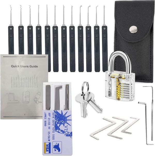 27 Pcs Lock Picking Kit with Transparent Practice Lock Tool - Professional Stainless Steel Multitool Practice Tool Lock Set Handbag for Beginners & Locksmiths