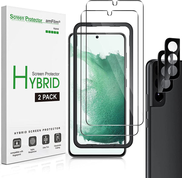 amFilm 2 Pack Hybrid Screen Protector for Samsung Galaxy S22 5G [6.1 Inch] with 2 Pack Camera Lens Protector [Fingerprint ID Compatible], HD Clear with Easy Installation Tray