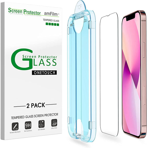amFilm 2 Pack OneTouch Glass Screen Protector Compatible with iPhone 13 mini (5.4 ) with Easy Installation Kit, Case Friendly