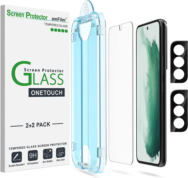 amFilm 2 Pack OneTouch Tempered Glass Screen Protector for Samsung Galaxy S22 5G [6.1 Inch] with 2 Pack Camera Lens Protector [9H Hardness] Easy Installation and Bubble Free.