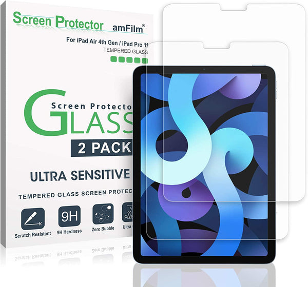 amFilm (2 Pack) Screen Protector for iPad Air 5/Air 4 (10.9 ) and iPad Pro 11 Inch (2020 / 2018 Models), Case Friendly (Easy Installation) Tempered Glass Screen Protector Film Compatible with Apple Pencil