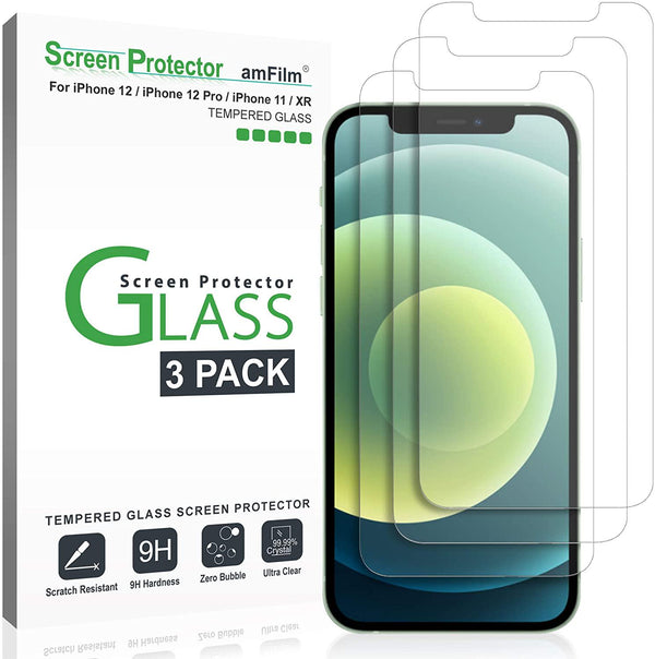 amFilm (3 Pack) Glass Screen Protector for iPhone 12, iPhone 12 Pro, iPhone 11, and iPhone XR (10R) - Case Friendly (Easy Install) Tempered Glass Film (6.1 Inch)