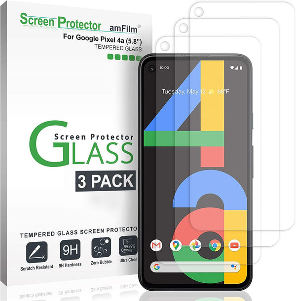 amFilm (3 Pack) Pixel 4a Screen Protector Glass (5.8 Inch), Case Friendly (Easy Install) Tempered Glass Screen Protector Film for Google Pixel 4a (2020)