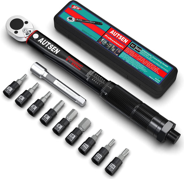 1/4 Inch Drive Click Torque Wrench 5 - 25 Nm 11 Piece Set Black