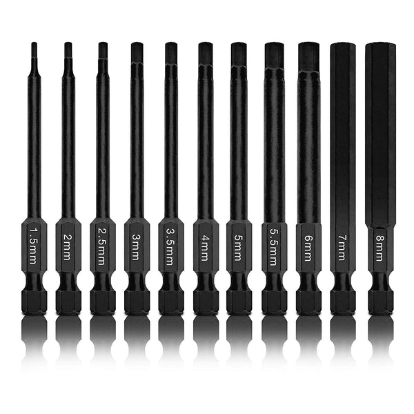 01148A Hex Allen Power Bit Set, 11-Piece Metric Sizes 1.5Mm to 8Mm | Magnetic Hex Head Bits | 3 Quick Release Shanks | Premium S2 Steel | Compatible with Power Drills and Impact Drivers