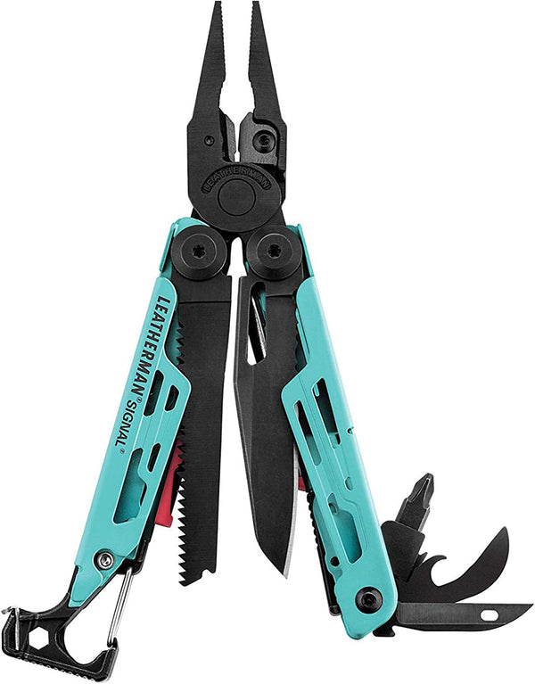 Leatherman SIGNAL® Aqua Colour Camping Multitool with Fire Starter, Hammer and Emergency Whistle, with Nylon Sheath