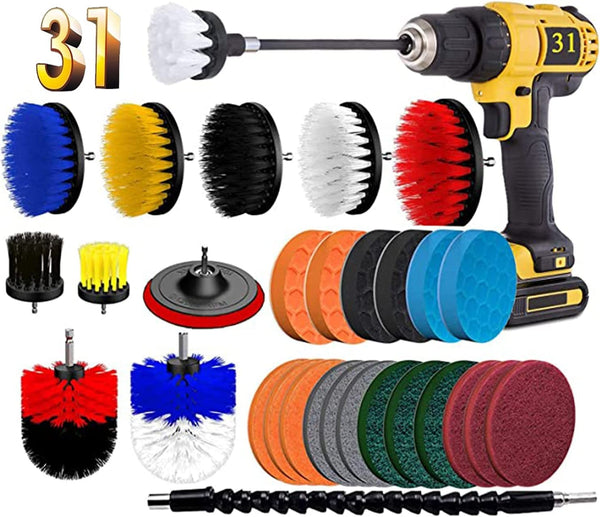 BRITOR Drill Brush Scrub Pads 31 Piece Power Scrubber Cleaning Kit, Scrub Pads & Sponge, Power Scrubber Brush with Extend Long Attachment-All Purpose Clean for Grout, Tiles, Sinks, Bathroom, Kitchen