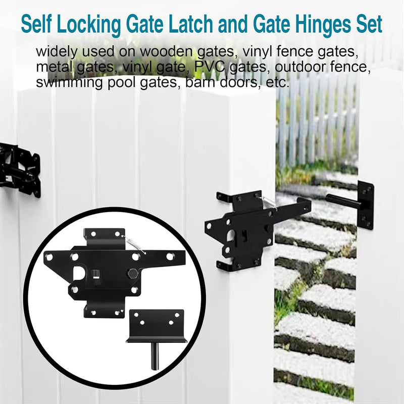 Self Locking Gate Latch and Gate Hinges Set Heavy Duty Hardware Hinges for Vinyl and Wood Fence with Installation Screws and Swing Adjuster Tool Heavy Duty 1 Gate Latch 2 Gate Hinges