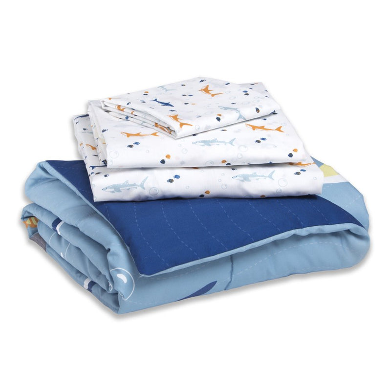 4-Piece Boys Toddler Bedding Set Collection | Includes: Fitted Sheet, Flat Top Sheet W/ Elastic Bottom, Fitted Comforter W/ Elastic Bottom, Pillowcase | Marine Life | Blue