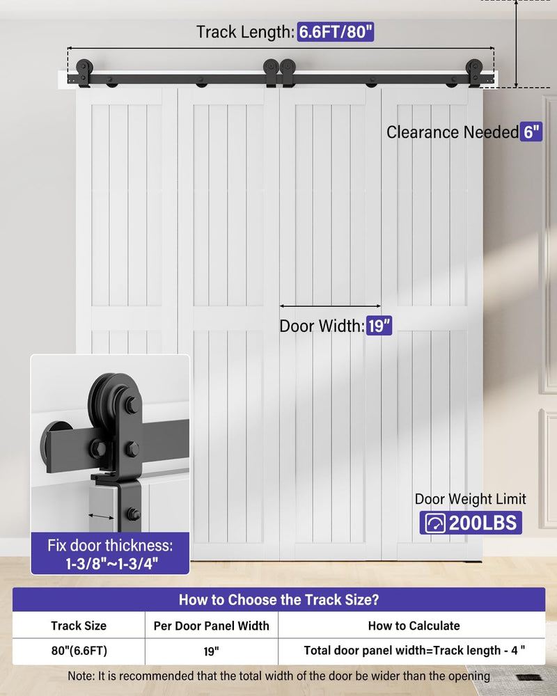 ZEKOO 6.6FT Bifold Sliding Barn Door Hardware Track Kit Bifold Barn Door Bifold Closet Door for Four 19” Doors, Top Mount, Smoothly and Quietly, Easy Install (Doors Not Included)