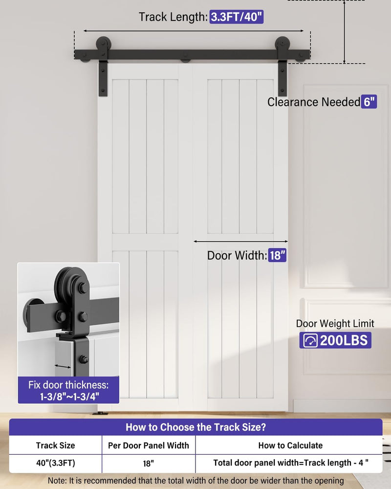 ZEKOO 3.3FT Bifold Sliding Barn Door Hardware Track Kit Bifold Barn Door Bifold Closet Door for Two 18” Doors, Top Mount, Smoothly and Quietly, Easy Install (Doors Not Included)