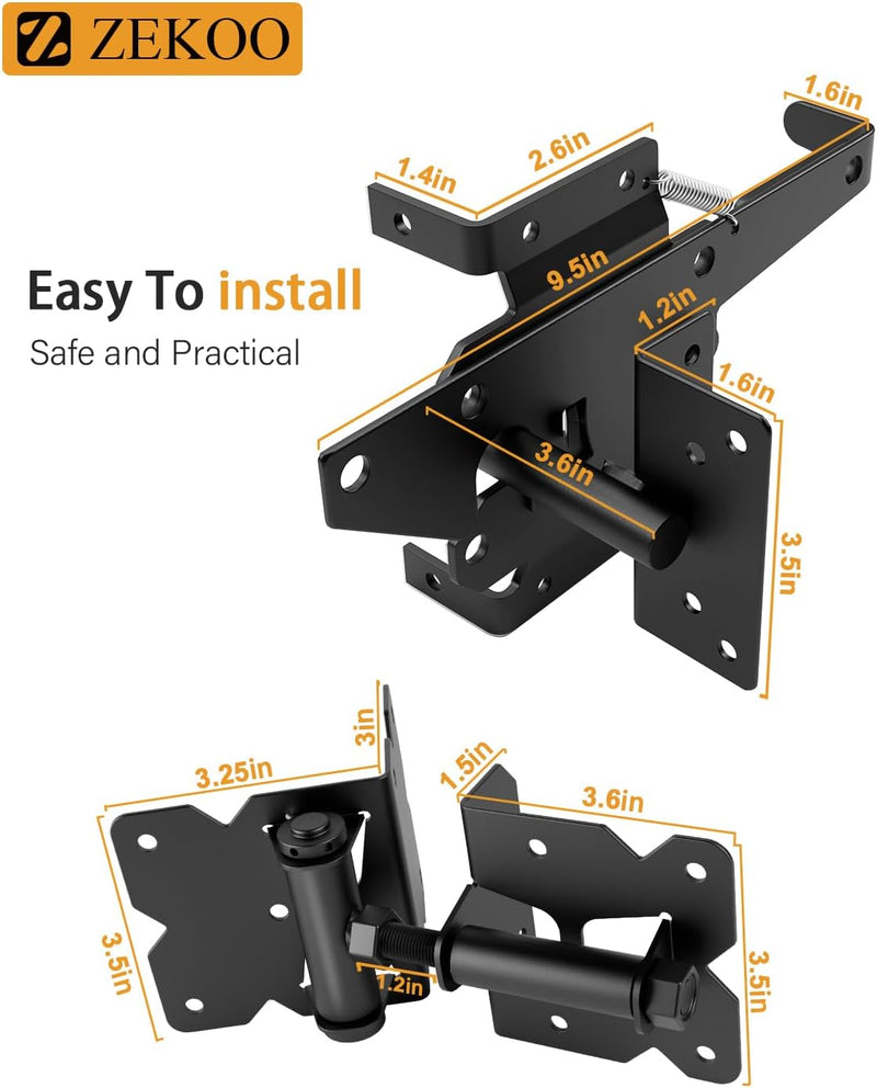 ZEKOO Stainless Steel Gate Hardware Kit, Self Closing Gate Hinges and Latch, Rust Proof, Use for Vinyl Fence Gate and Wood Fences Gate, Heavy Duty 2 Gate Latches 4 Gate Hinges (Black)